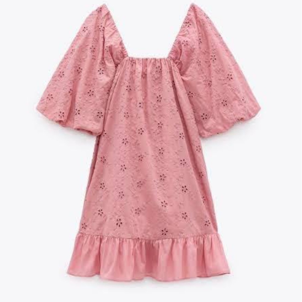 ZARA - Pink Eyelet Puff Sleeve Mini Dress